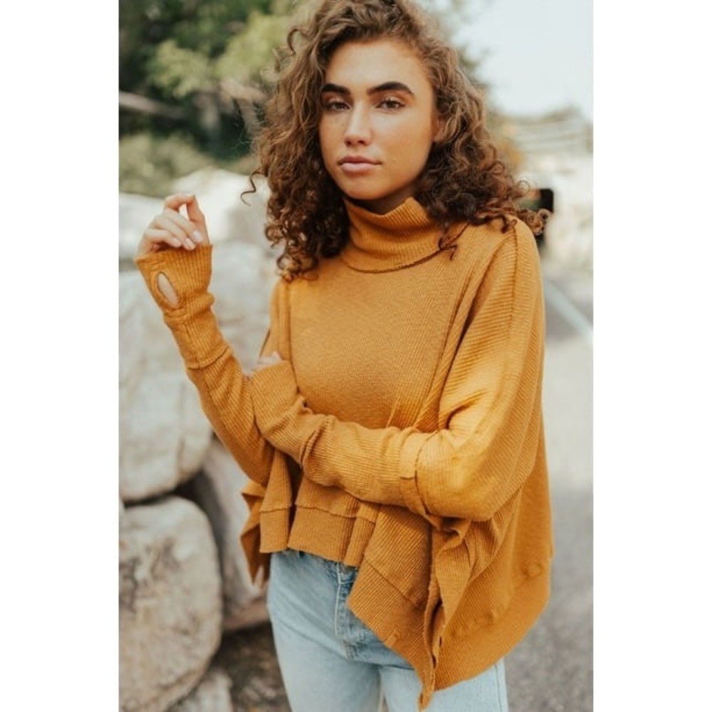 Free People Sunbaby‎ Mock Neck Drop Shoulder Ribbed Top Women's Size XS